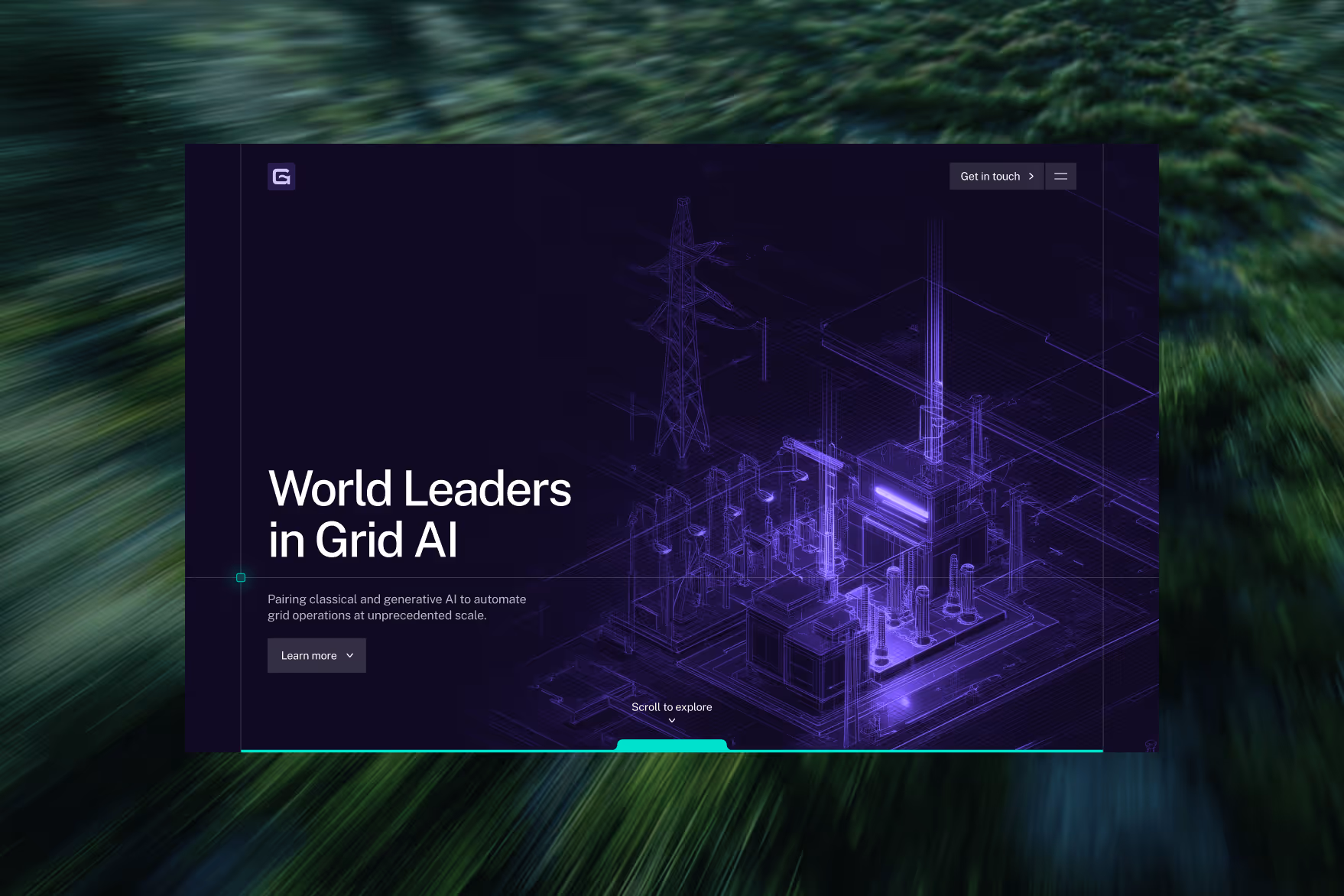 Digital wireframe illustration of an electrical grid substation with glowing purple lines and text 'World Leaders in Grid AI' on the left.