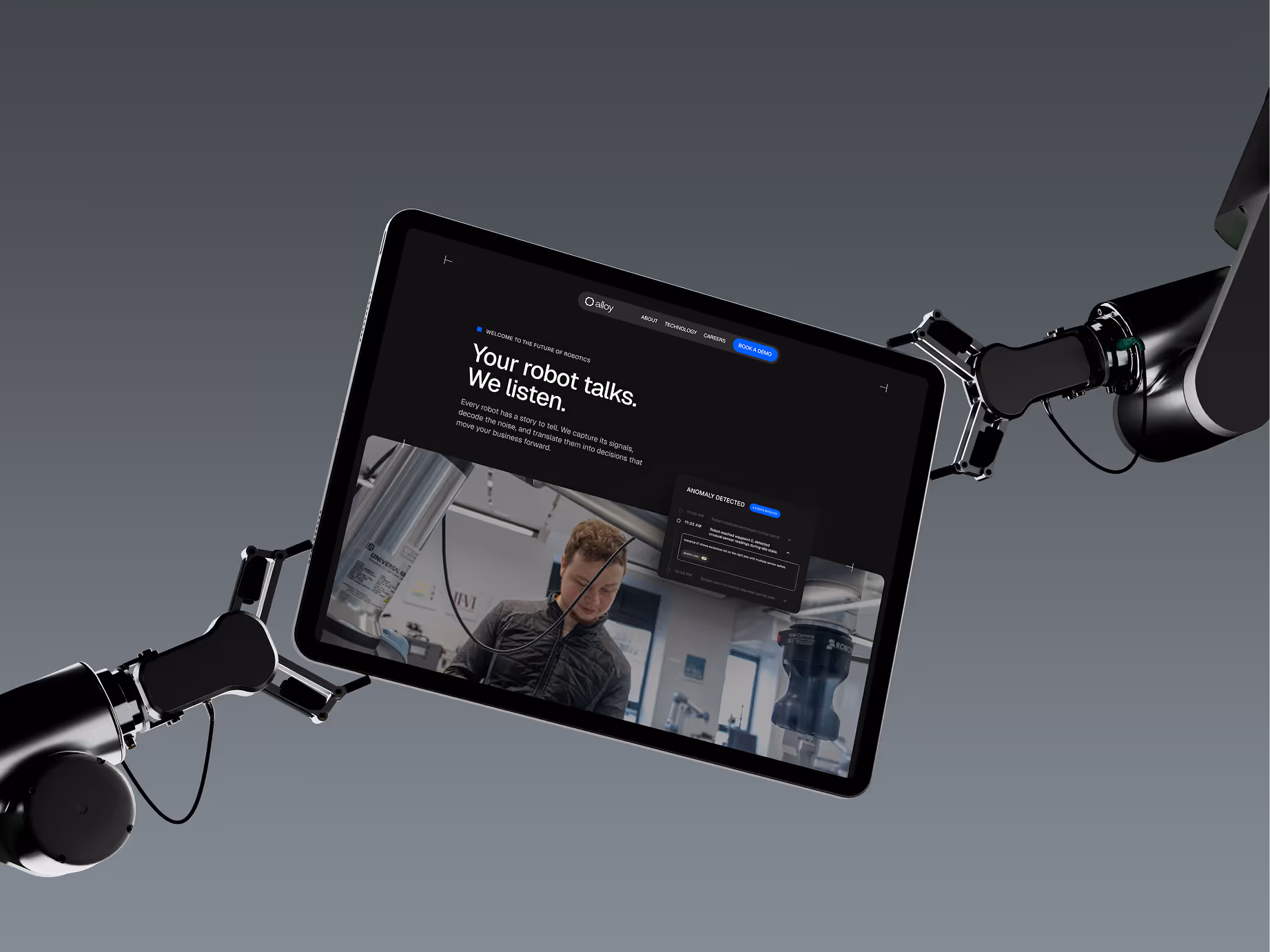 Two robotic arms holding a tablet displaying a platform interface for searching robot data in plain English.